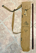 Vintage WWI WWII US Army Signal Corps Canvas Flag Kit Bag & Wooden Pole Stencil picture