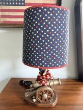 Vintage 50s Plasto Mfg Co Chalkware Cannon Table Lamp Stars Shade Americana picture