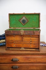 Antique Machinist Tool Box chest Wood Jewelry box 7 Drawer Vintage oak case picture