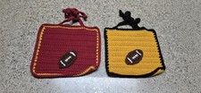 Handmade Crochet Football Pot Holders Trivet Hot Pads Set of 2 Maroon Gold Black picture