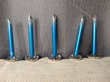 Lot 5 Clip On Blown Glass Blue Candle Silver Flame Christmas Ornaments VNTG 90s picture