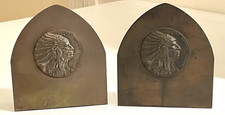Vtg Calumet Baking Powder Indian Chief Medallion Brass Bookends Signed Robbins picture