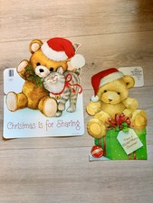 2 Vintage 1980’s cute Hallmark Die Cut Christmas cardstock wall decor Bears Cat picture