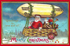 Vtg Christmas Clapsaddle Flying Santa Blimp Toys Glitter Gilded A/S Emb PC 1909 picture