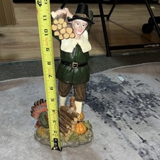 Thanksgiving Pilgrim Man Figurine w/ Turkey & Pumpkins Hand Painted Resin 12 in picture