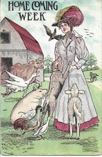 Postcard Lady in Victorian Fashion Homecoming Week Farm Animals Embossed 1910 picture