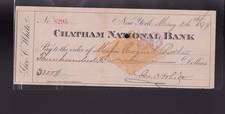 Chatham National Bank New York City Used Bank Check 1879 Pink picture