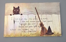 Antique/ Vintage FA Owen Co Halloween Black Cat Witch Broom  Postcard Unused picture