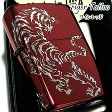 Zippo Tribal Tattoo Tiger Tora Kanji Ion Red Silver 2-side Regular Case Japan picture