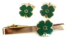 Jewish Lucky Four Leaf Clover Star of David Tie Bar Clip Cufflink Cuff Links Set picture