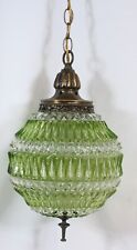 Vtg Ceiling Light Fixture Hanging Globe Round Glass Pendant MCM Green Swag Brnz picture