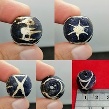 Black Glass Roman Old  Etched Bird Star Amulet Bead Rare Amulet picture