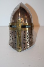 Miniature Medieval Knight Helmet Bascinet Steel Brass Cross Armor Decor Display picture