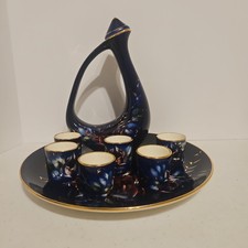 Cobalt Lofisa Ceramic Cordial Set w/Plate Decanter For 6 MCM Guadalajara Gold picture