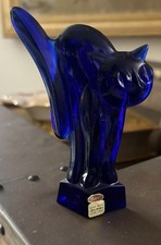 Vintage Moser Czech Republic Art Glass Cobalt Blue  Halloween Arched Cat Figure picture