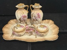 ANTIQUE 5pc A. LANTERNIER & LIMOGES FRANCE PINK POPPY FLORAL DRESSER SET (3D) picture