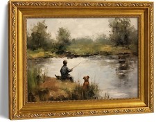 Vintage Boy Fishing Gold Framed Wall Art, Dog and Boy Landscape Canvas Prints... picture