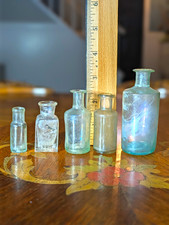 Lot 5 Antique 1850s Miniature Open Pontil Aqua Glass Medicine Ink Vials Bottles picture
