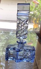 Vintage Blue Czech Bohemiam Cut Glass Perfume Bottle. 6” Tall. picture