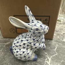 Vintage Andrea By Sadek Hand Painted Porcelain Blue & White Rabbit Figurine  picture