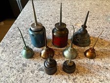 Lot of 8 Vintage Metal Oil Cans/Oilers w/ Long Spouts, Multicolor Gas & Oil picture