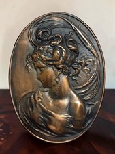 STUNNING CAST IRON VINTAGE ART NOUVEAU LADY B & H STYLE GARDEN WALL PLAQUE ~14