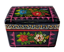 Vtg Mexican Olinala Wood Trinket Box Hand Painted Flowers Lacquer Ware Folk Art picture