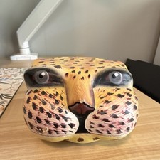 Vintage Hand Painted Wood Hinged Leopard Head Trinket Box, Spotted, Red Interior picture