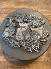 Metzke Vintage Pewter Round Cookie Tin Bunny Rabbits Easter 6” Collectible picture