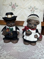 Pilgram Bears, VINTAGE Thanksgiving Holiday Hand Painted Ceramic Bear Boy & Girl picture