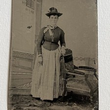Antique Tintype Photograph Lovely Woman Top Skirt Combo Great Hat picture