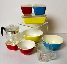 Vintage Pyrex  Primary Toy Set by Banner Fridgies  Bowl Coffee Pot & Cup picture