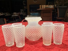 Vintage Fenton French Opalescent Hobnail Set Pitcher & 6-6.5” Glasses. Ex Cond picture