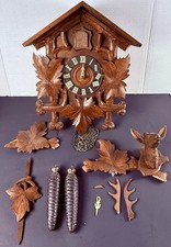 Vintage Germany Cuckoo Clock Faller Carved Stag Leaves 2 Weights Parts Repair picture