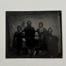Antique Early Tintype Group Photograph Family Men Women Ghostly Odd picture