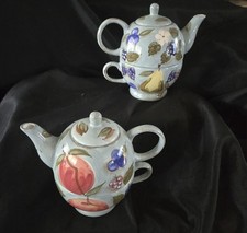 Two Vintage MESA INTERNATIONAL Blue Fruit Teapot for One Cups & Pots with Lids picture