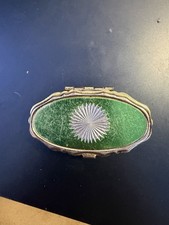 Vintage Stratton Style Pill Box Green Enamel Starburst Silver Tone 2 Compartment picture