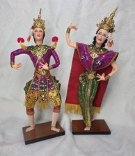 Vintage Thai Traditional Dancing Dolls Pair Ornate Costumes Gold Headdress Decor picture