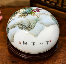 Chinese Porcelain Landscape Calligraphy Scholar’s Brush Washer w/ Wood Stand picture