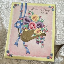 Vintage Friendship Greeting Card Gold Watering Can Flowers Friendly Message  picture