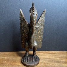 Hand carved Wood and Metal Inlay African Hornbill Bird Sculpture Senufo picture