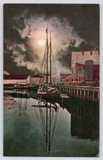 Vintage Stockton California Postcard Moonlight Harbor Scene Feed Mill picture