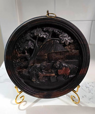 Vintage Asian Hand Carved Wood Relief Round Wall Plaque Detailed Rural Scene 8