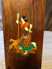 Vintage Indian Rosewood Inlay Plaque Woman in Sari Dogs Handcrafted Marquetry picture