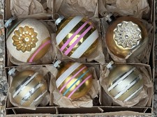 Vintage Shiny Brite Made In USA Gold Stripes Double Indent Mica Glass Ornaments picture