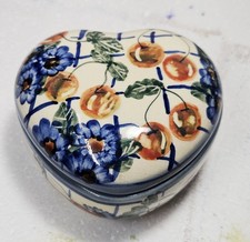 Boleslawiec Pottery Heart Trinket Box Unikat Cherry Floral Vanity Dish Poland picture