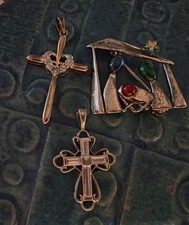 3 Unique Sterling Nativity Brooch Two Crosses Vintage Christian Religious Lot picture