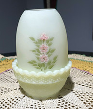 Vintage Rare 2 Piece Fenton Custard Glass uranium Pink Blossom HP Fairy Lamp picture