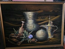 Vtg Middle Eastern Still Life Velvet Painting Camel Dagger Orig Frame 31x23 picture