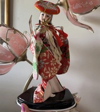 Vintage Japanese Kimono Doll Figurine Red Floral Outfit Hat on Black Base picture